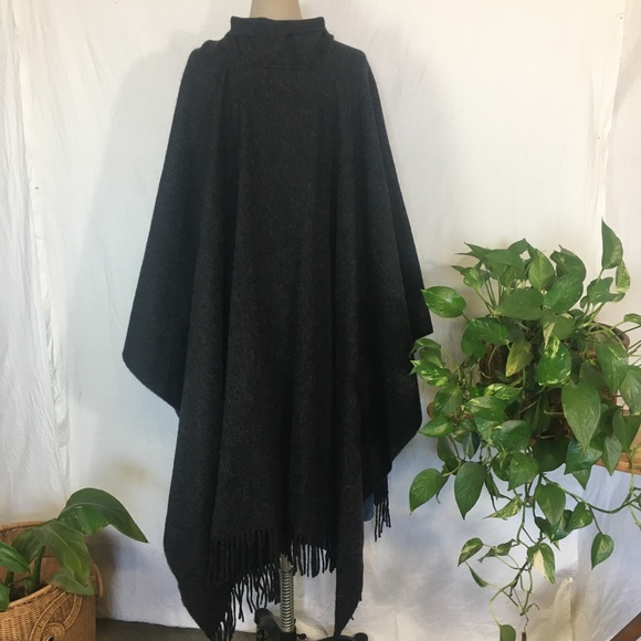 TUMI alpaca fringed poncho in a dark charcoal gray - Picture 7 of 13